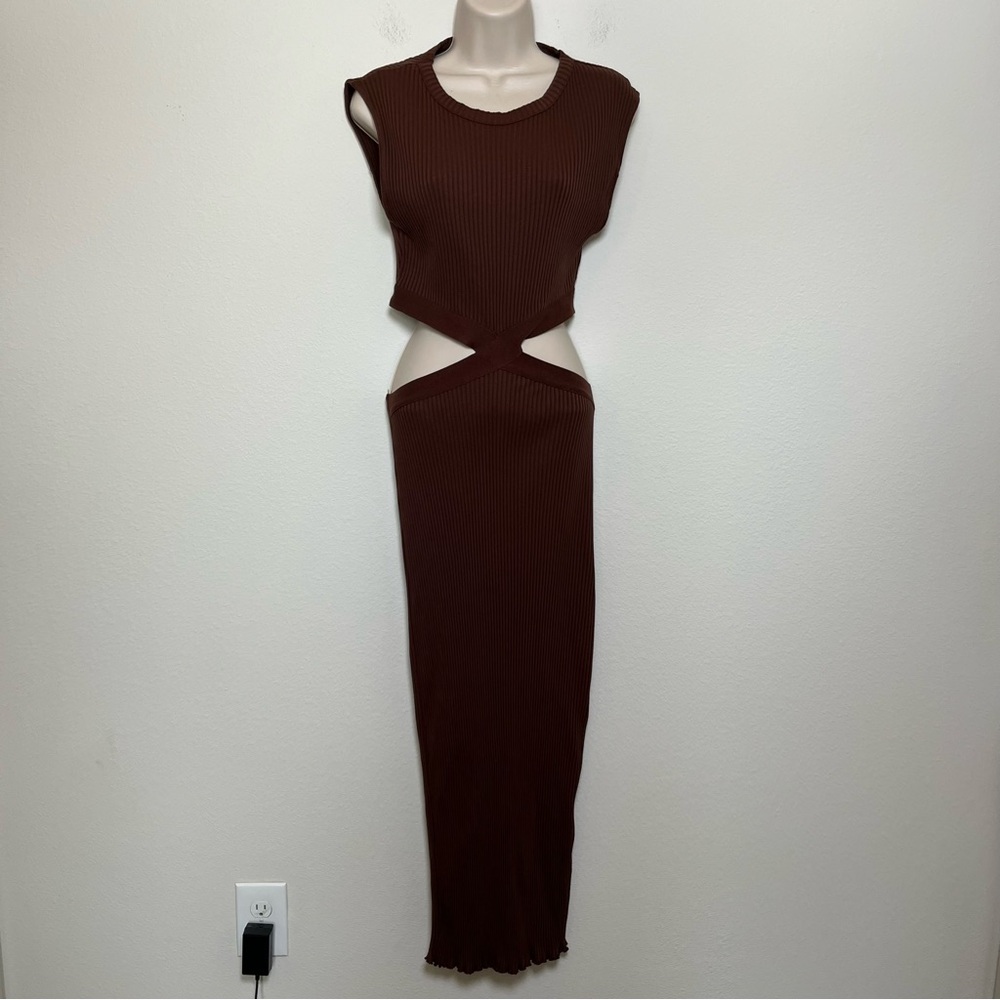 NEW Zara Women Cut Out Maxi Dress Medium Chocolate Brown Rib Knit Sleeveless - Picture 9 of 12